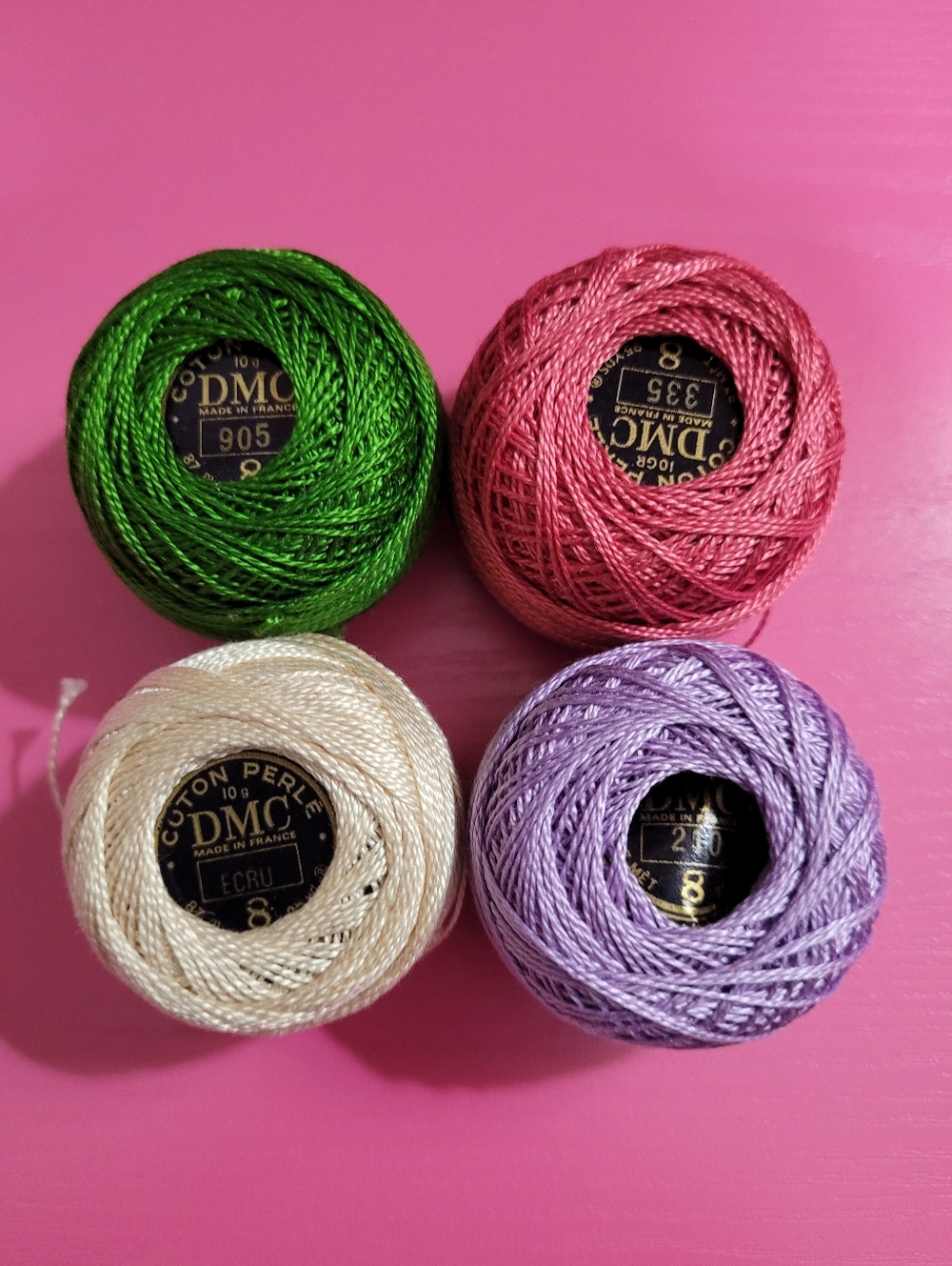 DMC Cotton Perle Thread Rolls.  Set Of 4.  #335, #210, #905, Ecru.  (0837)
